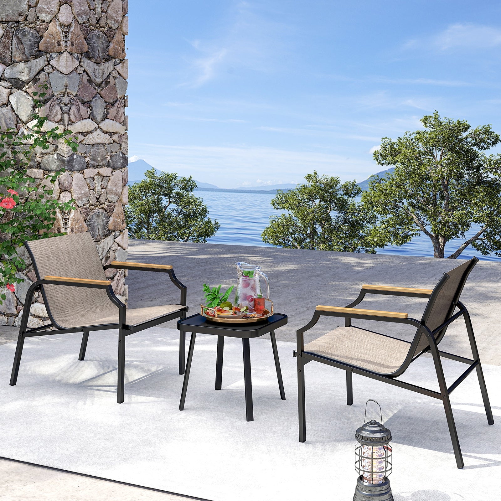 3 Piece Outdoor Chair Set with Breathable Fabric Seat and Armrests, Brown Patio Conversation Sets at Gallery Canada