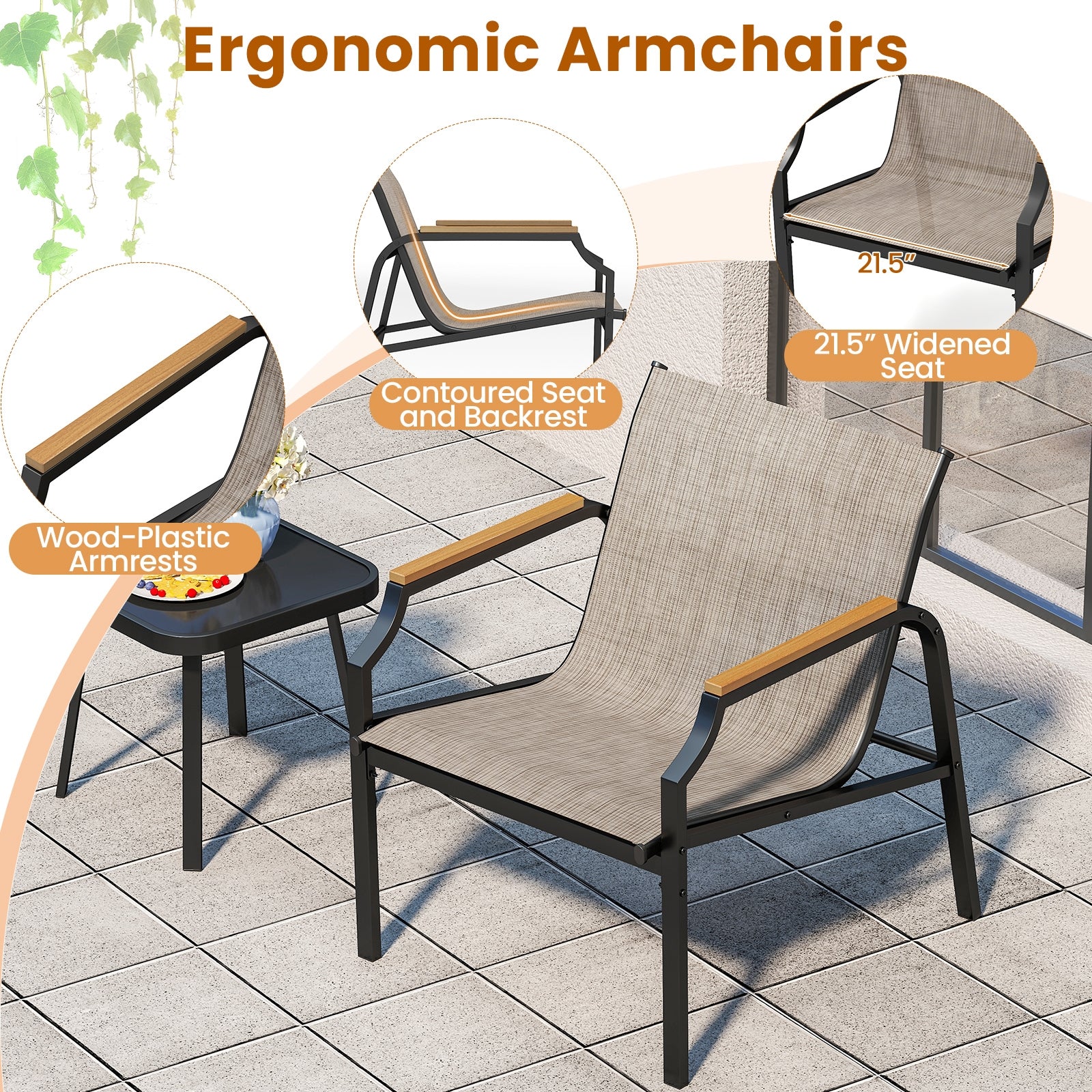 3 Piece Outdoor Chair Set with Breathable Fabric Seat and Armrests, Brown Patio Conversation Sets at Gallery Canada
