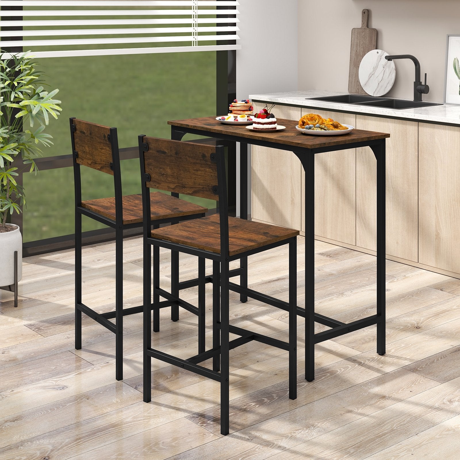 3 Piece Bar Table Set with Backrest and Footrest for Small Space, Rustic Brown Patio Bar Furniture at Gallery Canada