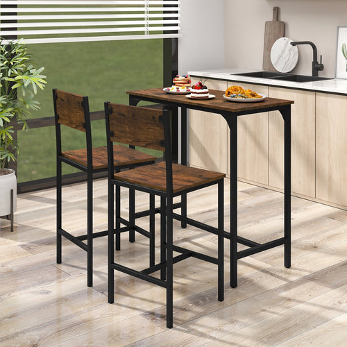 3 Piece Bar Table Set with Backrest and Footrest for Small Space, Rustic Brown