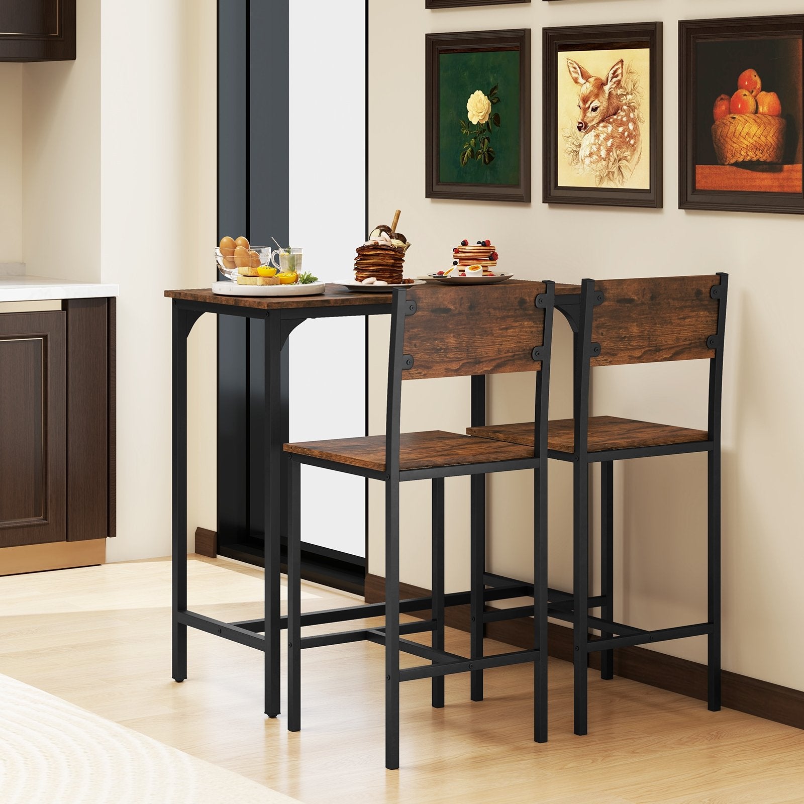 3 Piece Bar Table Set with Backrest and Footrest for Small Space, Rustic Brown Patio Bar Furniture at Gallery Canada