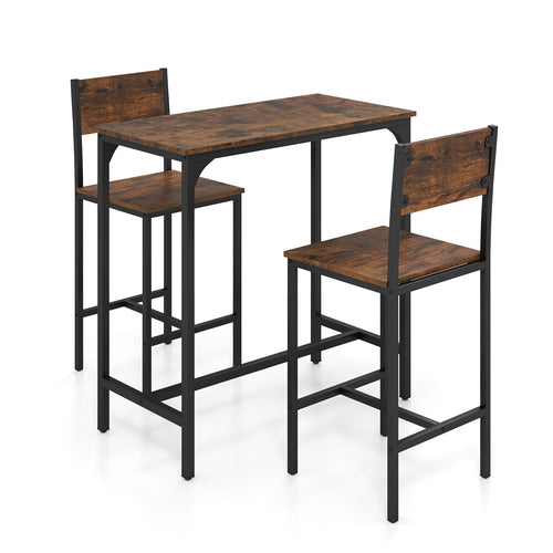 3 Piece Bar Table Set with Backrest and Footrest for Small Space, Rustic Brown