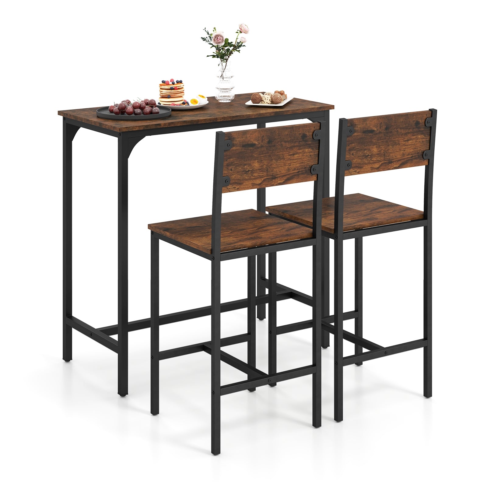 3 Piece Bar Table Set with Backrest and Footrest for Small Space, Rustic Brown Patio Bar Furniture at Gallery Canada