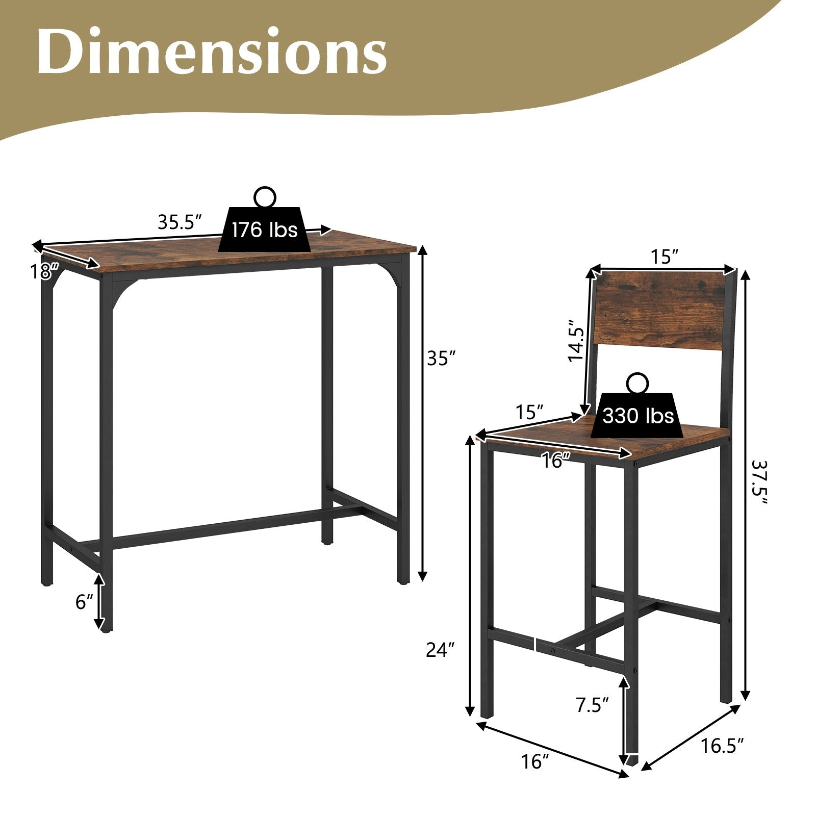 3 Piece Bar Table Set with Backrest and Footrest for Small Space, Rustic Brown Patio Bar Furniture at Gallery Canada