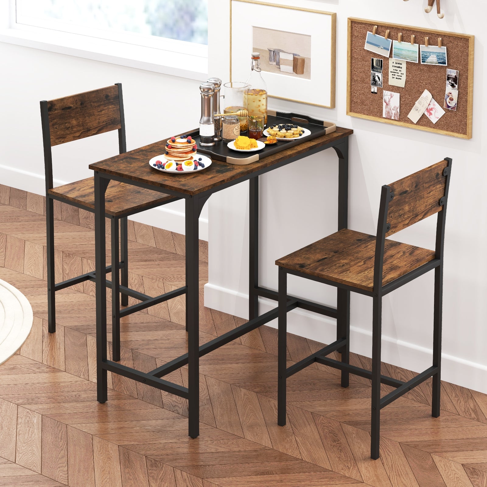 3 Piece Bar Table Set with Backrest and Footrest for Small Space, Rustic Brown Patio Bar Furniture at Gallery Canada