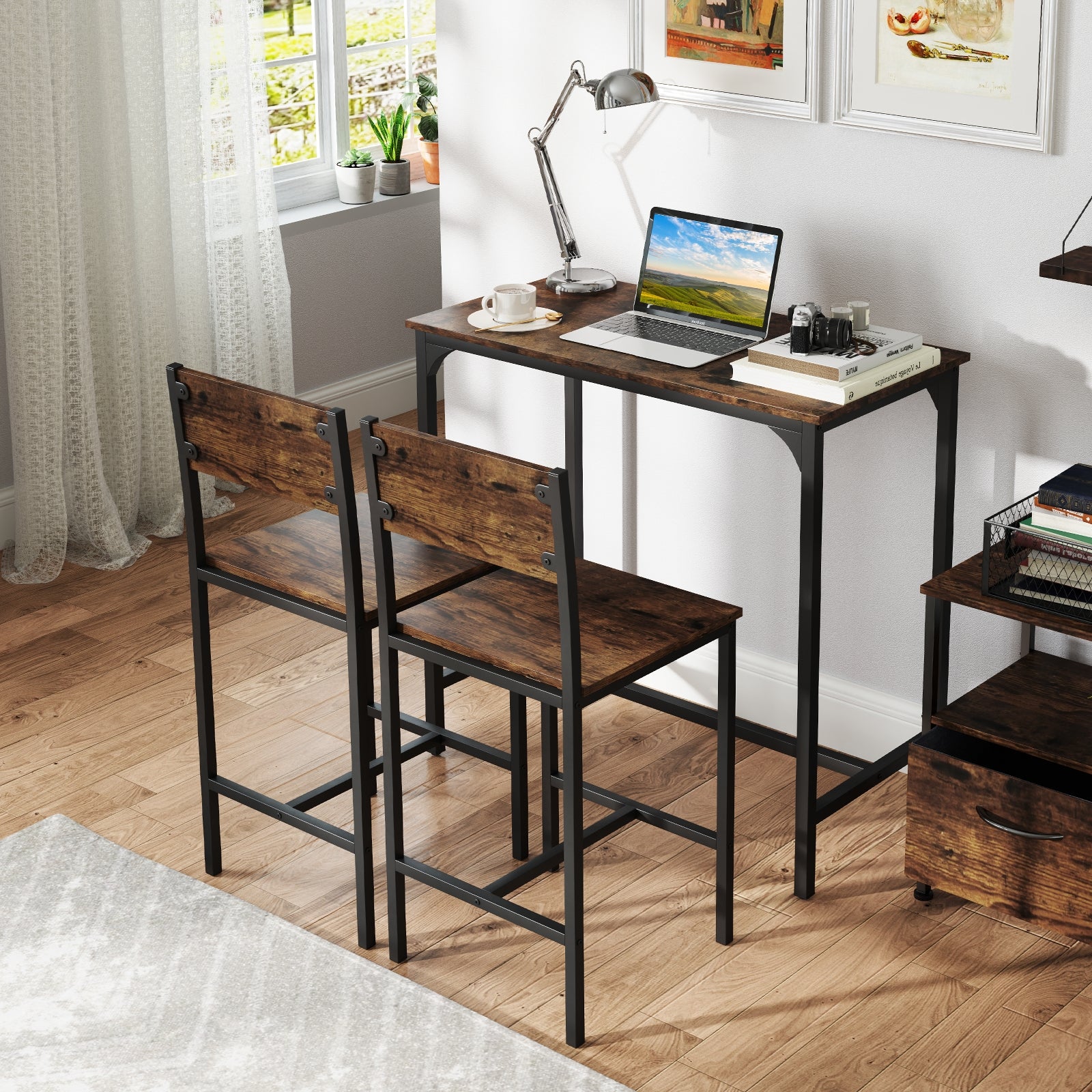 3 Piece Bar Table Set with Backrest and Footrest for Small Space, Rustic Brown Patio Bar Furniture at Gallery Canada