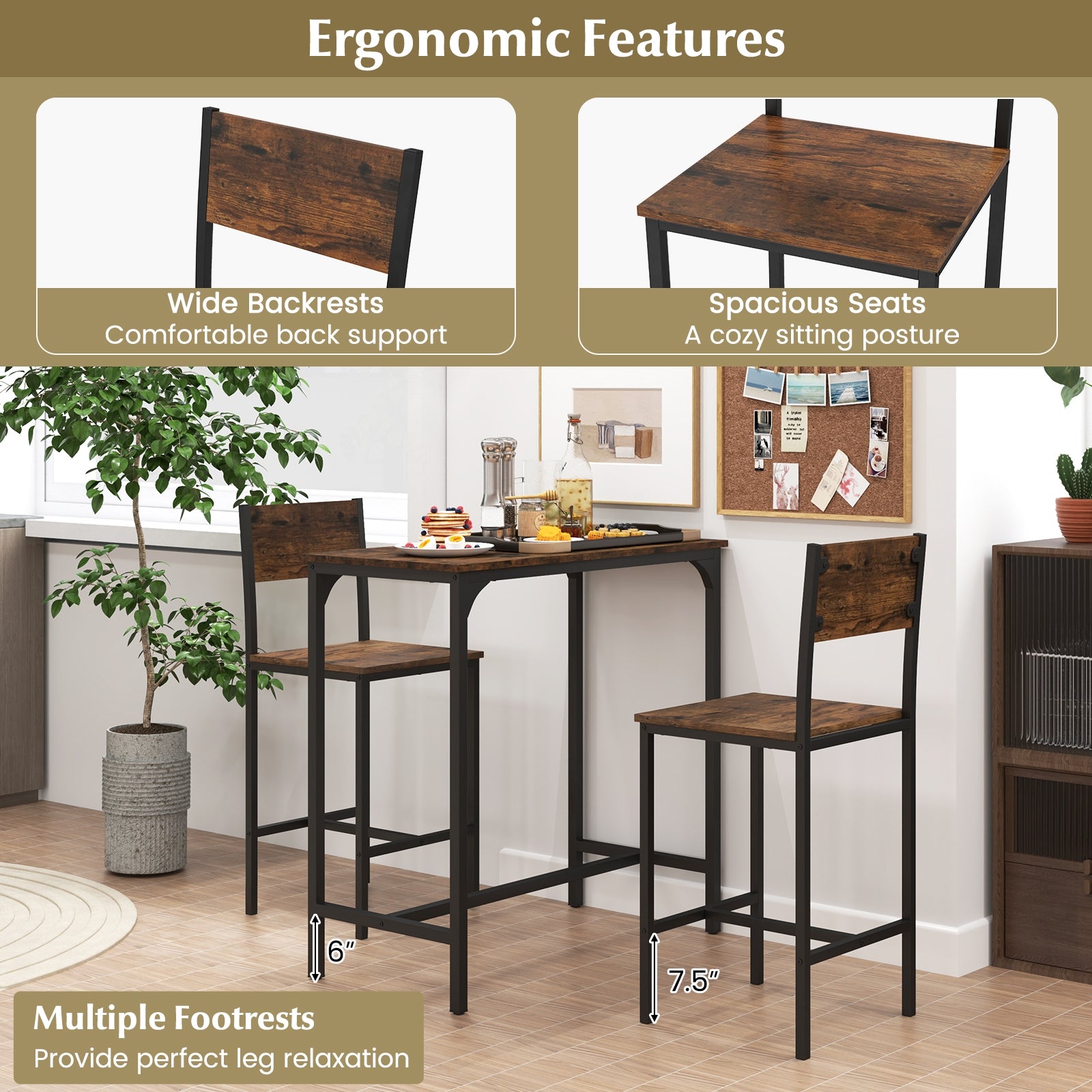 3 Piece Bar Table Set with Backrest and Footrest for Small Space, Rustic Brown Patio Bar Furniture at Gallery Canada