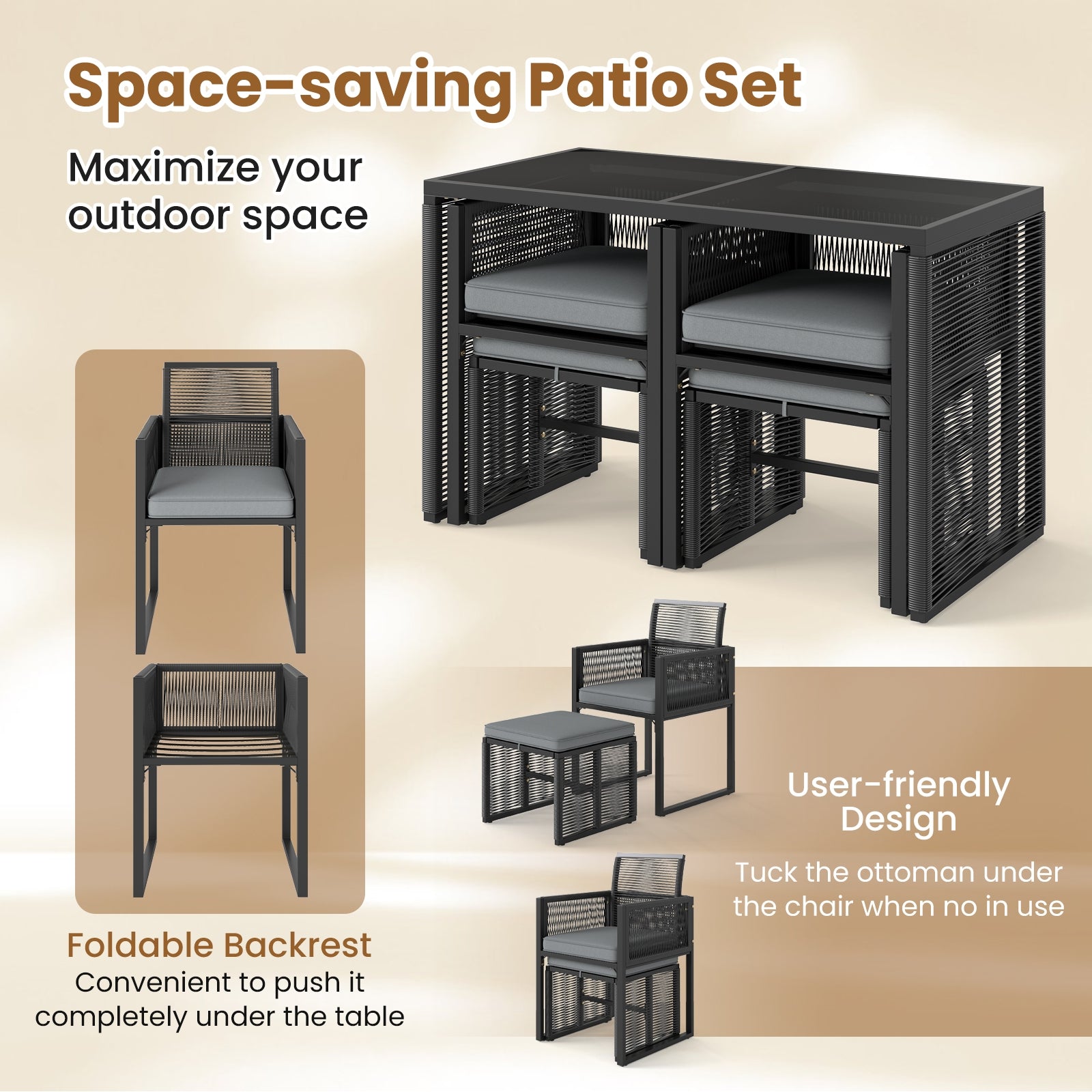 5 Pieces Outdoor Conversation Set with Removable Cushions for Backyard Porch, Gray Patio Conversation Sets at Gallery Canada