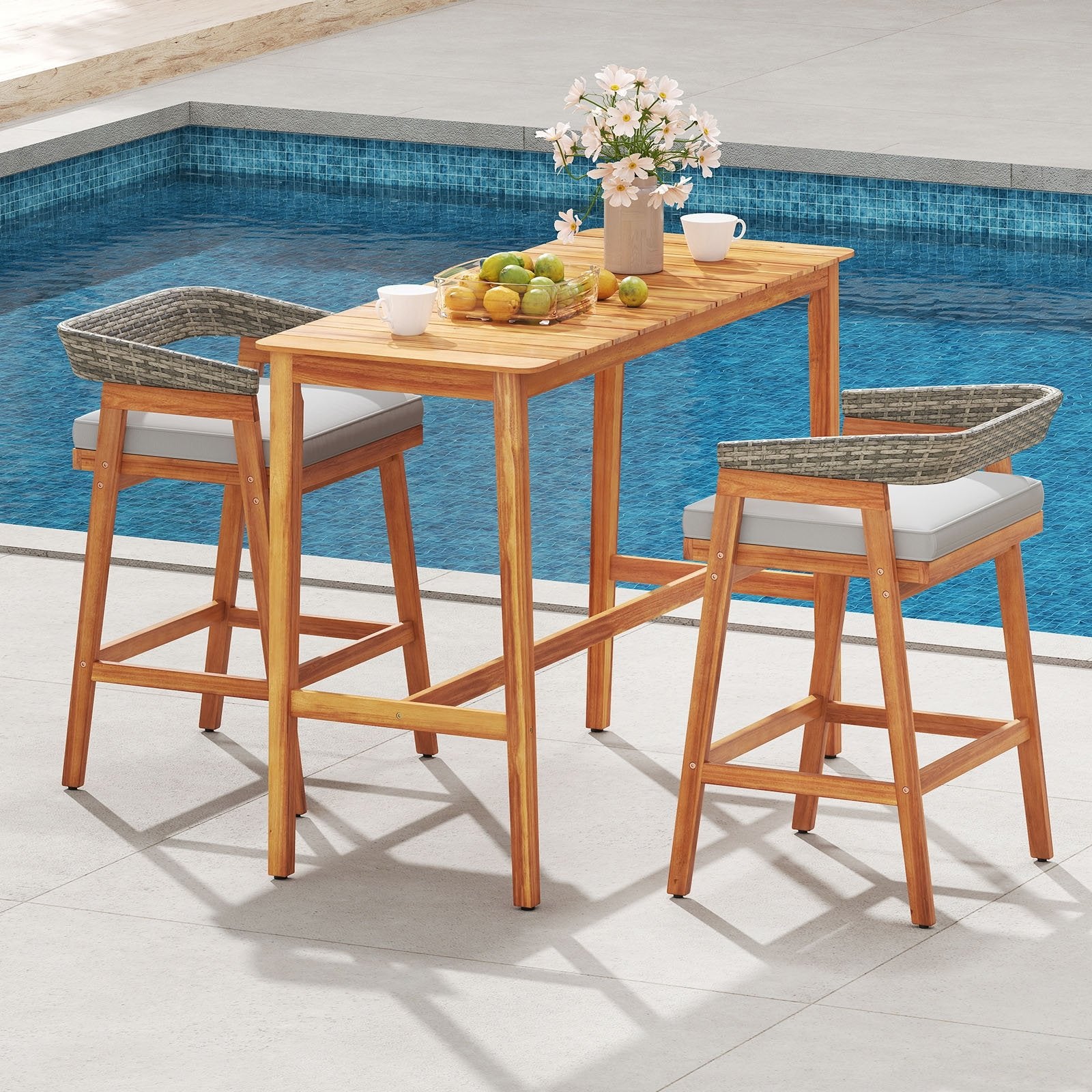 Acacia Wood Counter Height Table with Slatted Tabletop and Footrest Crossbar Patio Bar Furniture at Gallery Canada