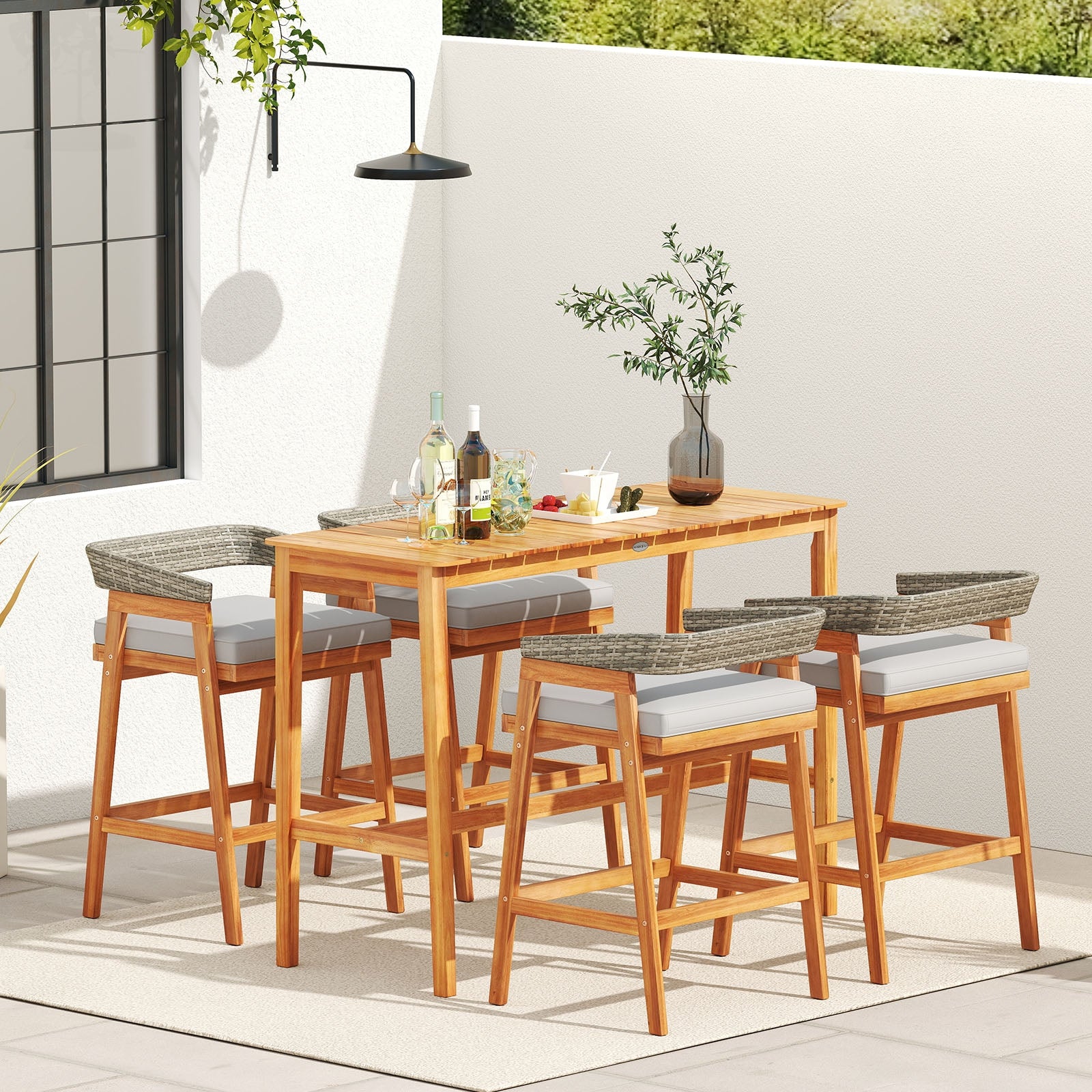 Acacia Wood Counter Height Table with Slatted Tabletop and Footrest Crossbar Patio Bar Furniture at Gallery Canada
