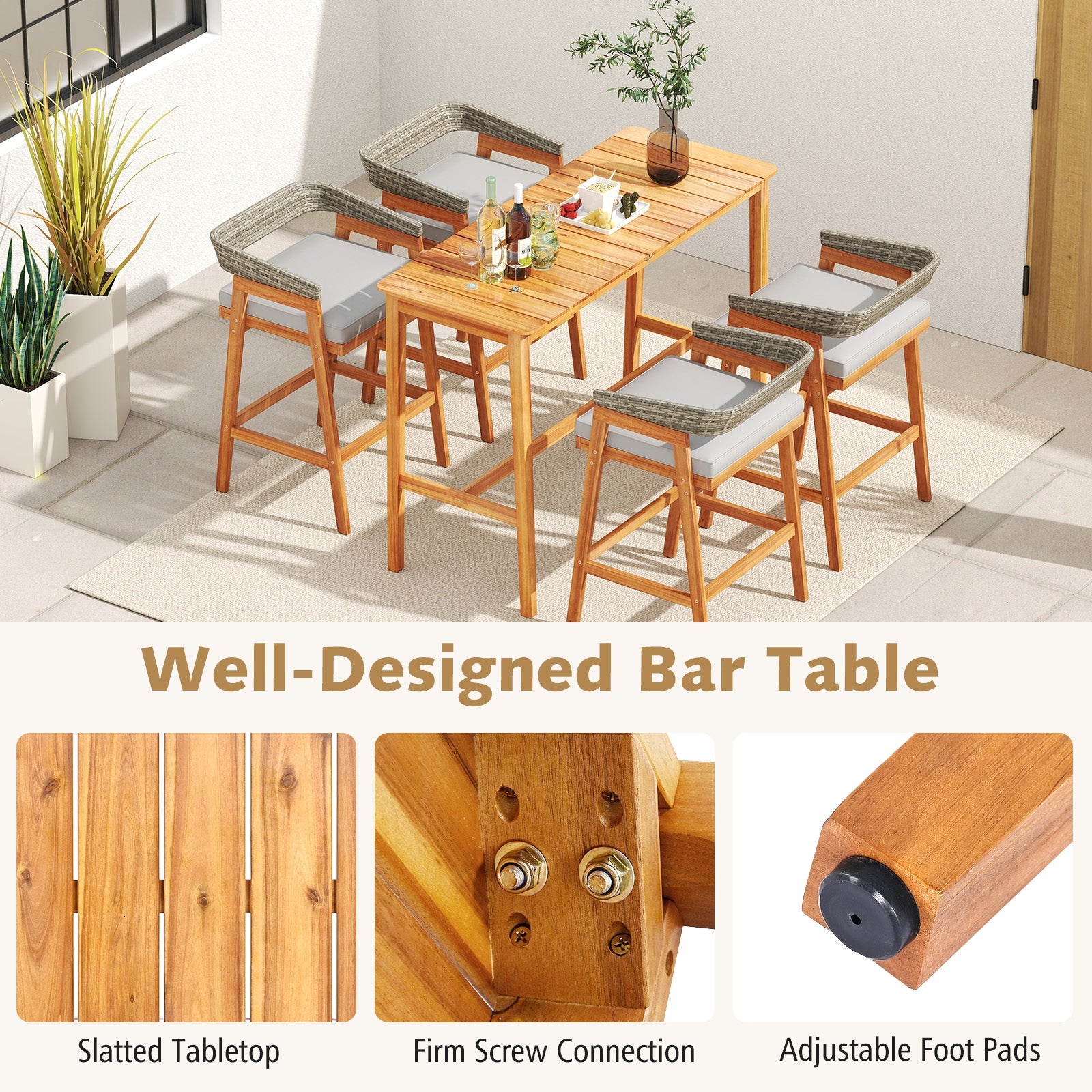 Acacia Wood Counter Height Table with Slatted Tabletop and Footrest Crossbar Patio Bar Furniture at Gallery Canada