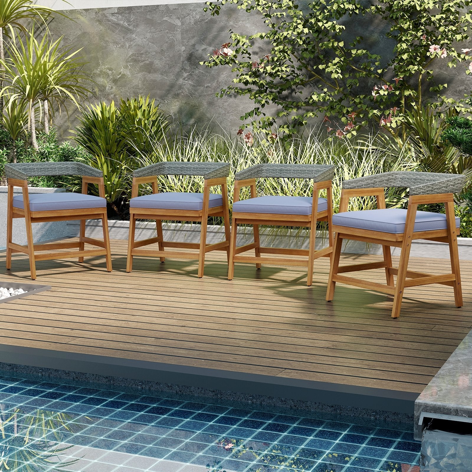 Outdoor Acacia Wood Patio Wicker Dining Chairs Set of 4 with Seat Cushion, Gray Patio Dining Chairs at Gallery Canada