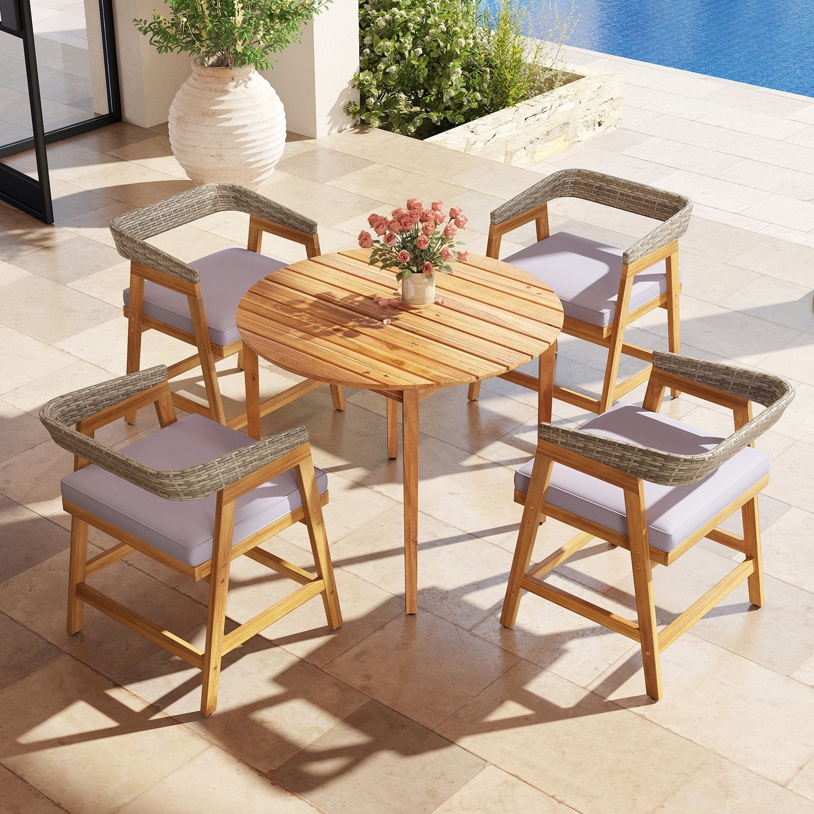 Outdoor Acacia Wood Patio Wicker Dining Chairs Set of 4 with Seat Cushion, Gray Patio Dining Chairs at Gallery Canada