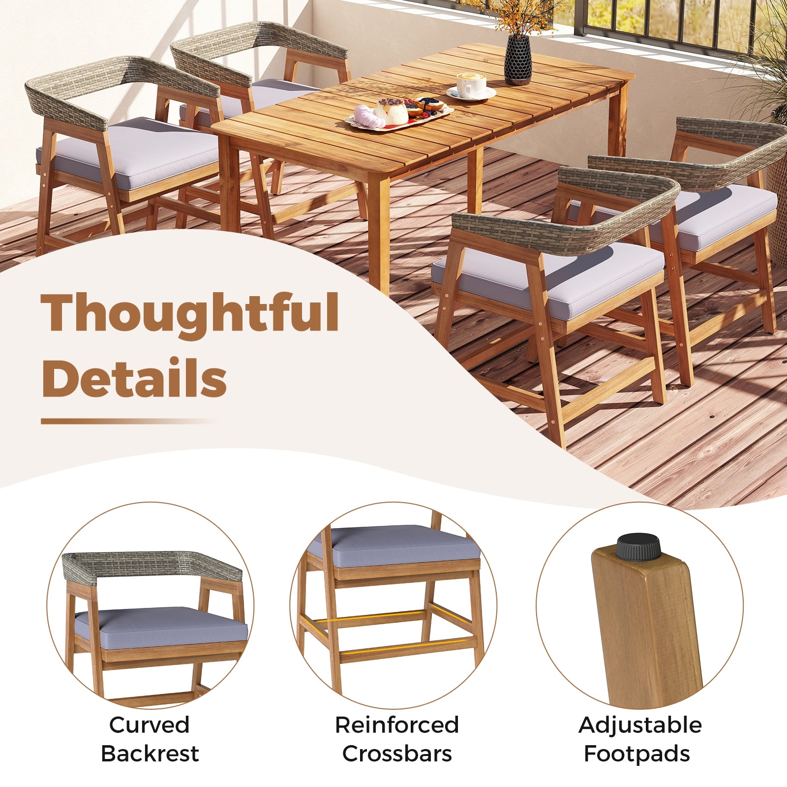 Outdoor Acacia Wood Patio Wicker Dining Chairs Set of 4 with Seat Cushion, Gray Patio Dining Chairs at Gallery Canada