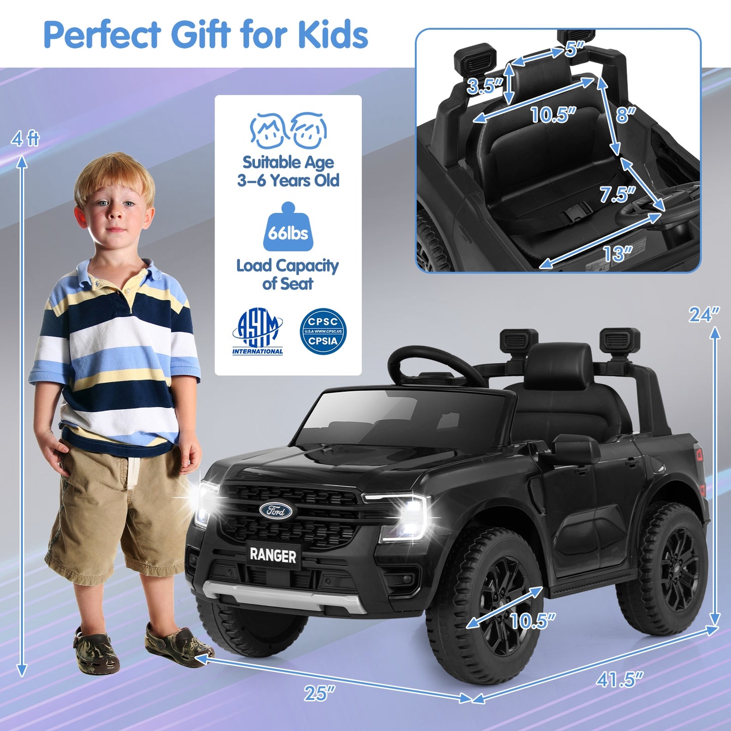 12V Electric Kids Ride on Car Licensed Ford Ranger with Remote Control and Music, Black Powered Ride On Toys   at Gallery Canada