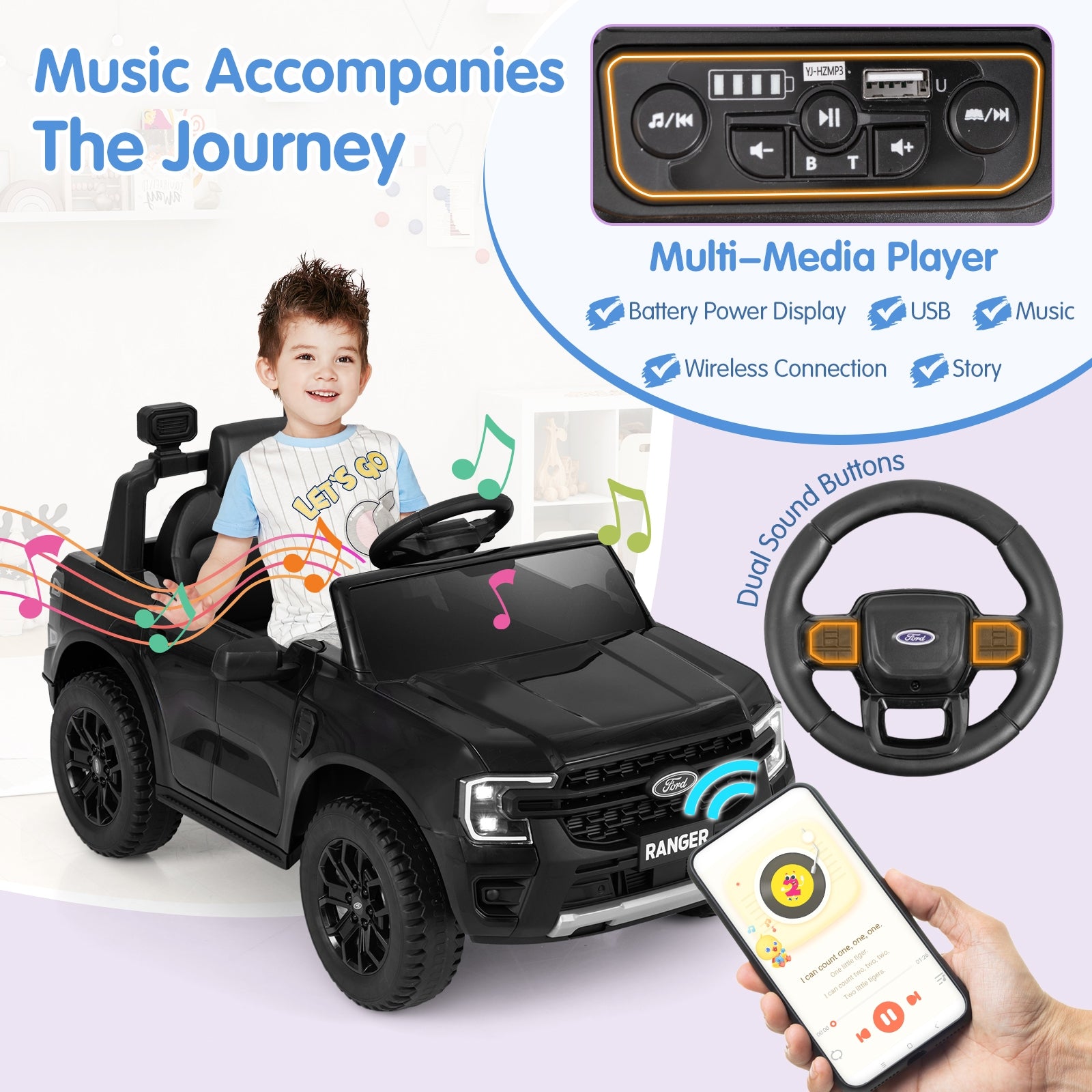 12V Electric Kids Ride on Car Licensed Ford Ranger with Remote Control and Music, Black Powered Ride On Toys   at Gallery Canada