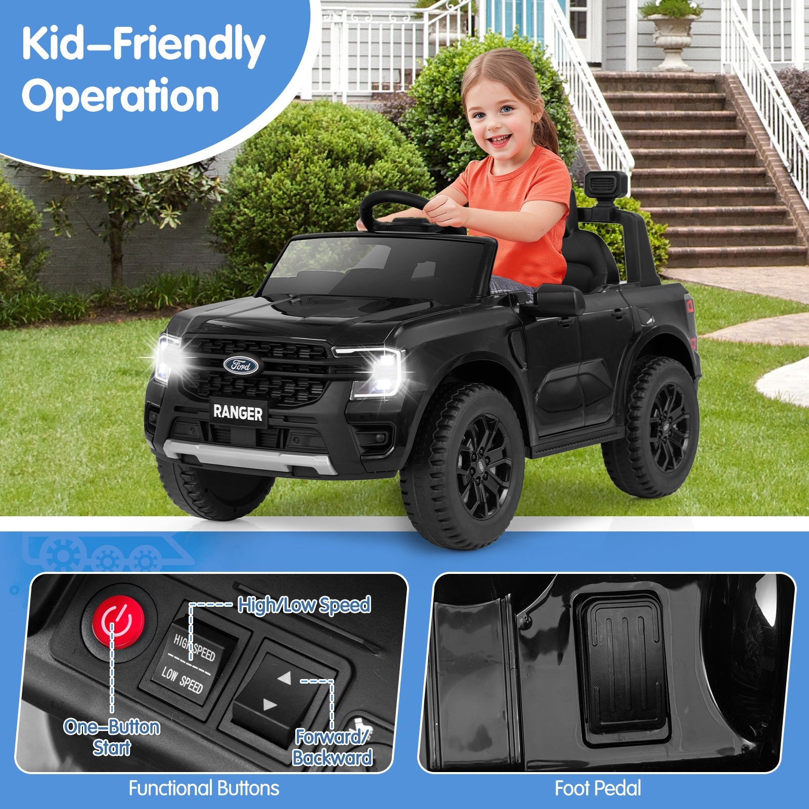 12V Electric Kids Ride on Car Licensed Ford Ranger with Remote Control and Music, Black Powered Ride On Toys   at Gallery Canada