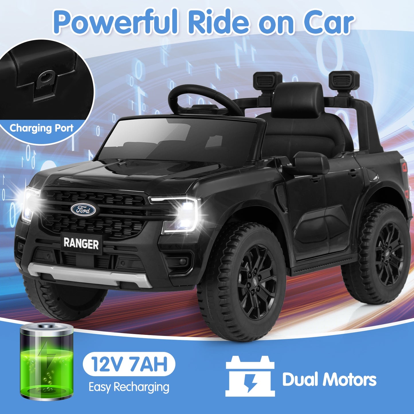 12V Electric Kids Ride on Car Licensed Ford Ranger with Remote Control and Music, Black Powered Ride On Toys   at Gallery Canada