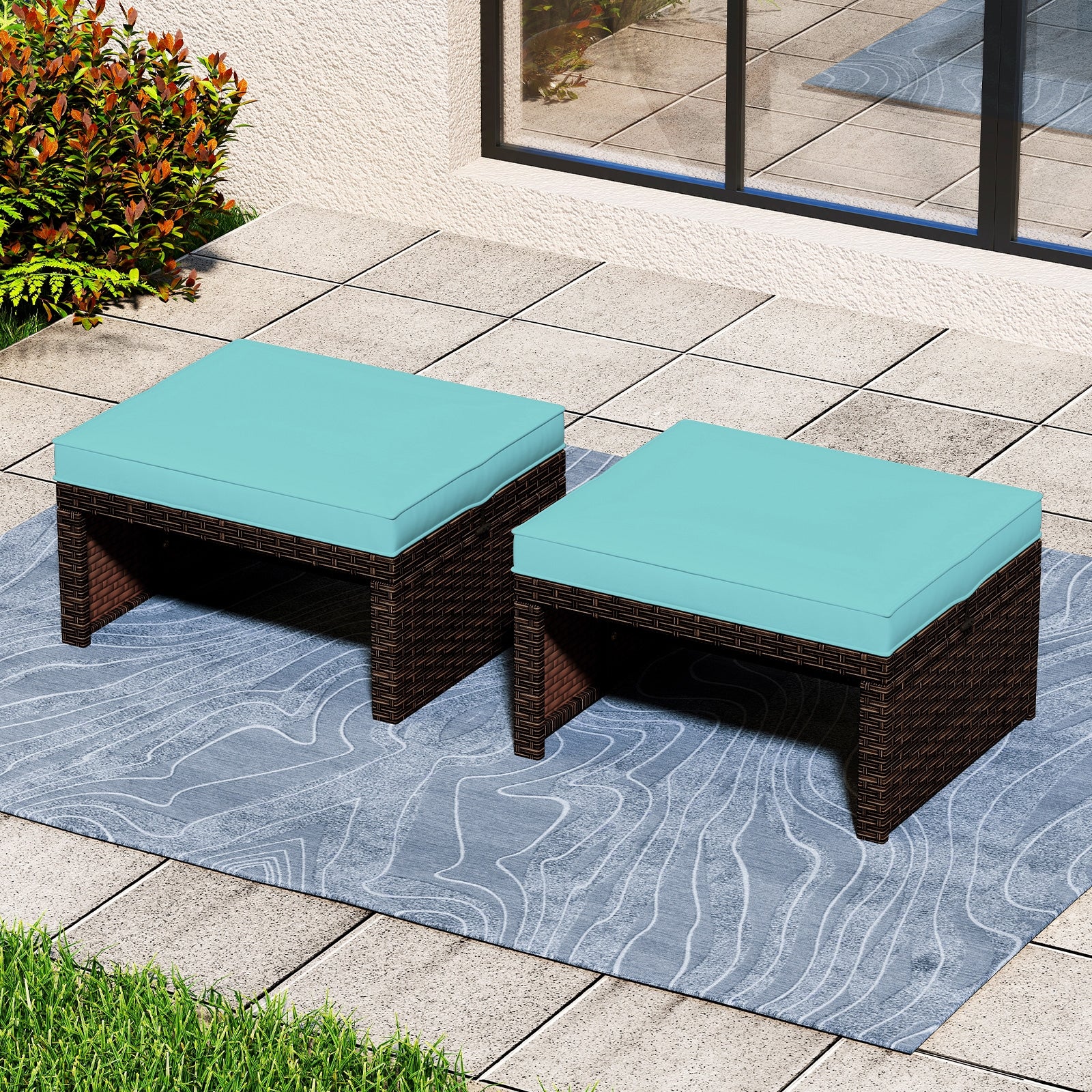 Multipurpose Outdoor 2 Pieces Patio PE Rattan Ottomans Footstool, Turquoise Outdoor Seating & Patio Chairs at Gallery Canada