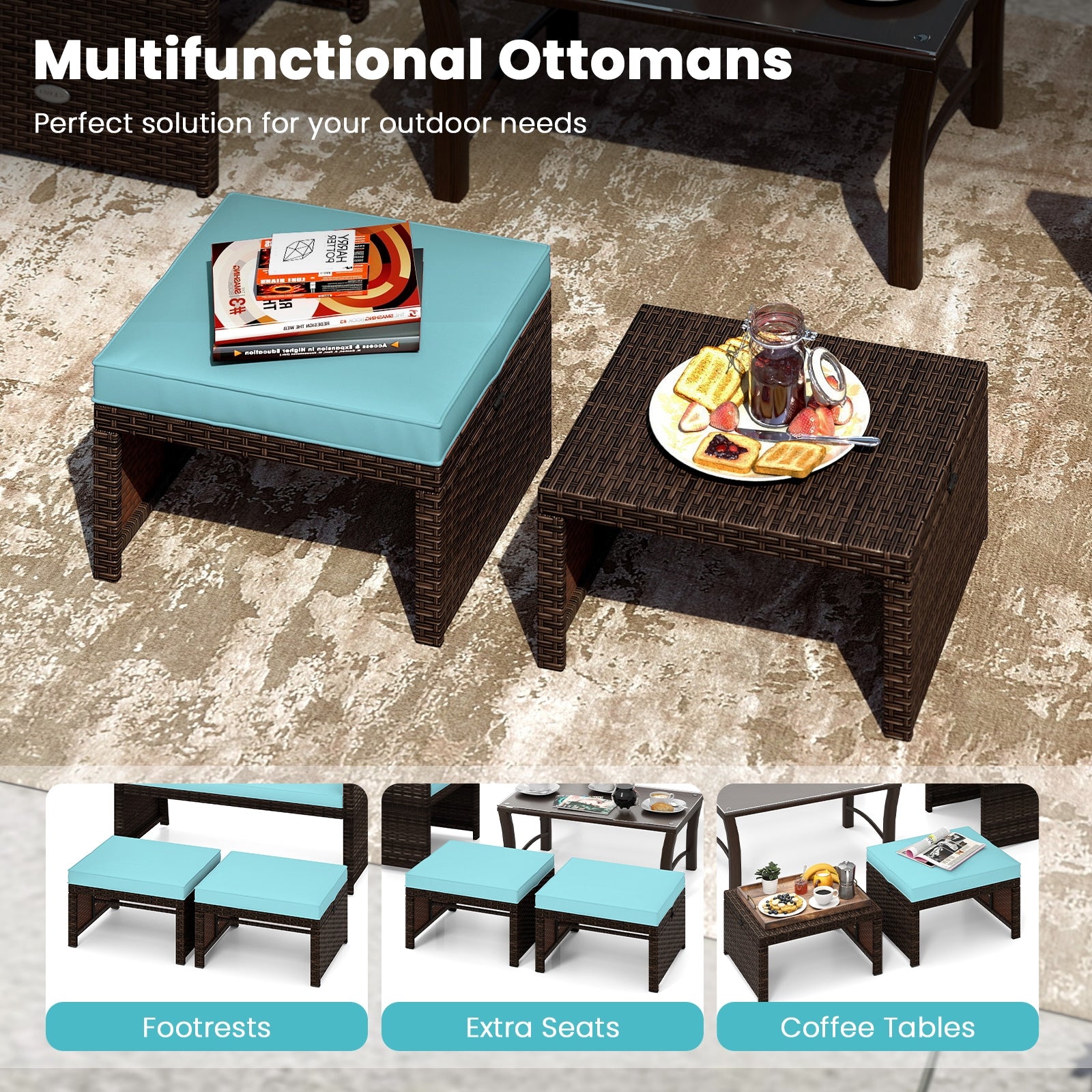Multipurpose Outdoor 2 Pieces Patio PE Rattan Ottomans Footstool, Turquoise Outdoor Seating & Patio Chairs at Gallery Canada