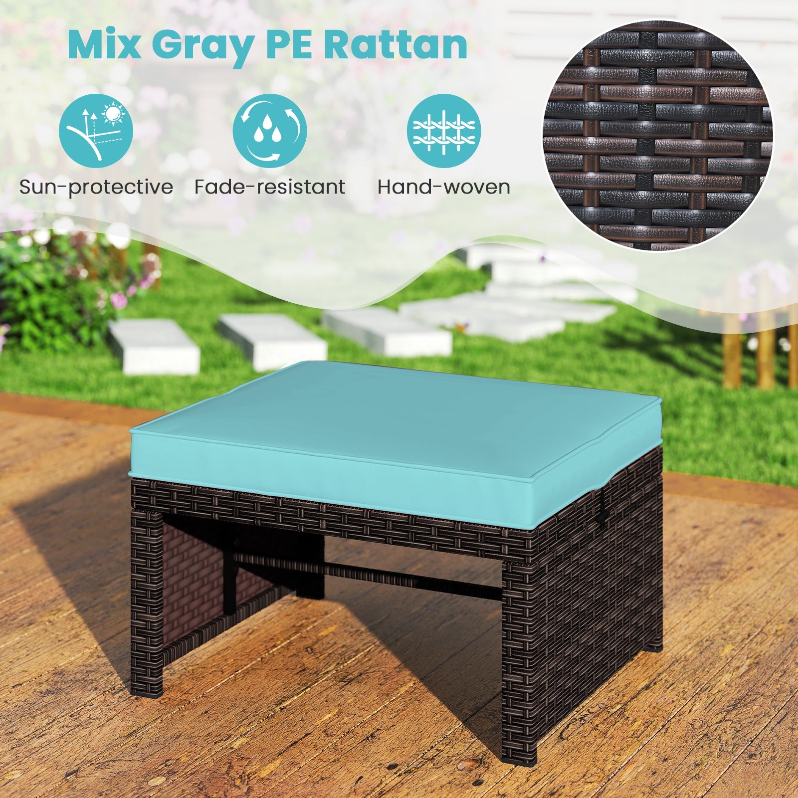 Multipurpose Outdoor 2 Pieces Patio PE Rattan Ottomans Footstool, Turquoise Outdoor Seating & Patio Chairs at Gallery Canada