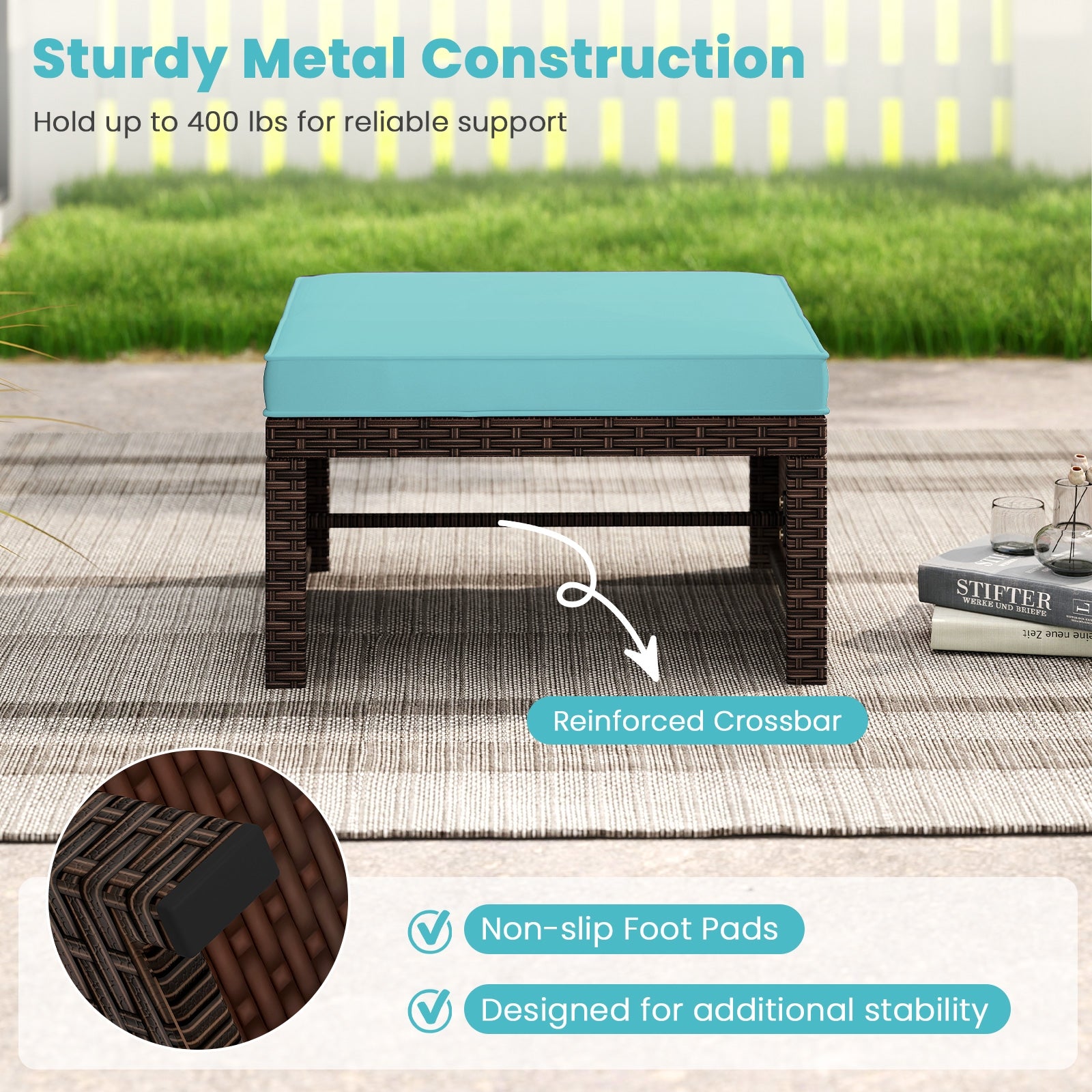 Multipurpose Outdoor 2 Pieces Patio PE Rattan Ottomans Footstool, Turquoise Outdoor Seating & Patio Chairs at Gallery Canada