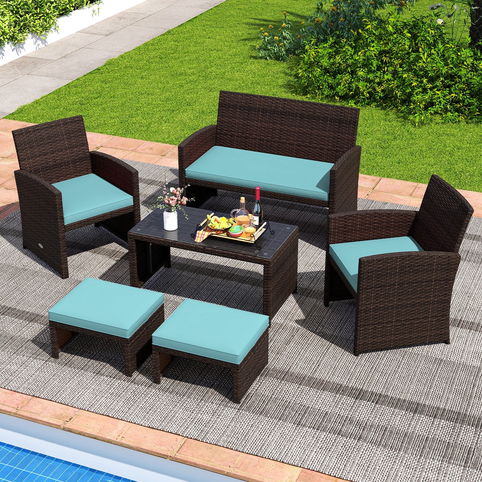 Multipurpose Outdoor 2 Pieces Patio PE Rattan Ottomans Footstool, Turquoise Outdoor Seating & Patio Chairs at Gallery Canada