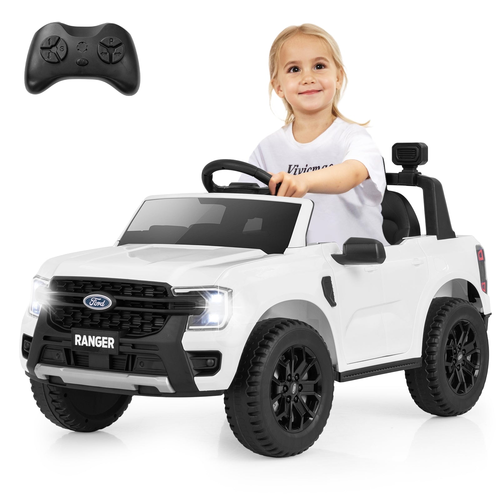 12V Electric Kids Ride on Car Licensed Ford Ranger with Remote Control and Music, White Powered Ride On Toys   at Gallery Canada