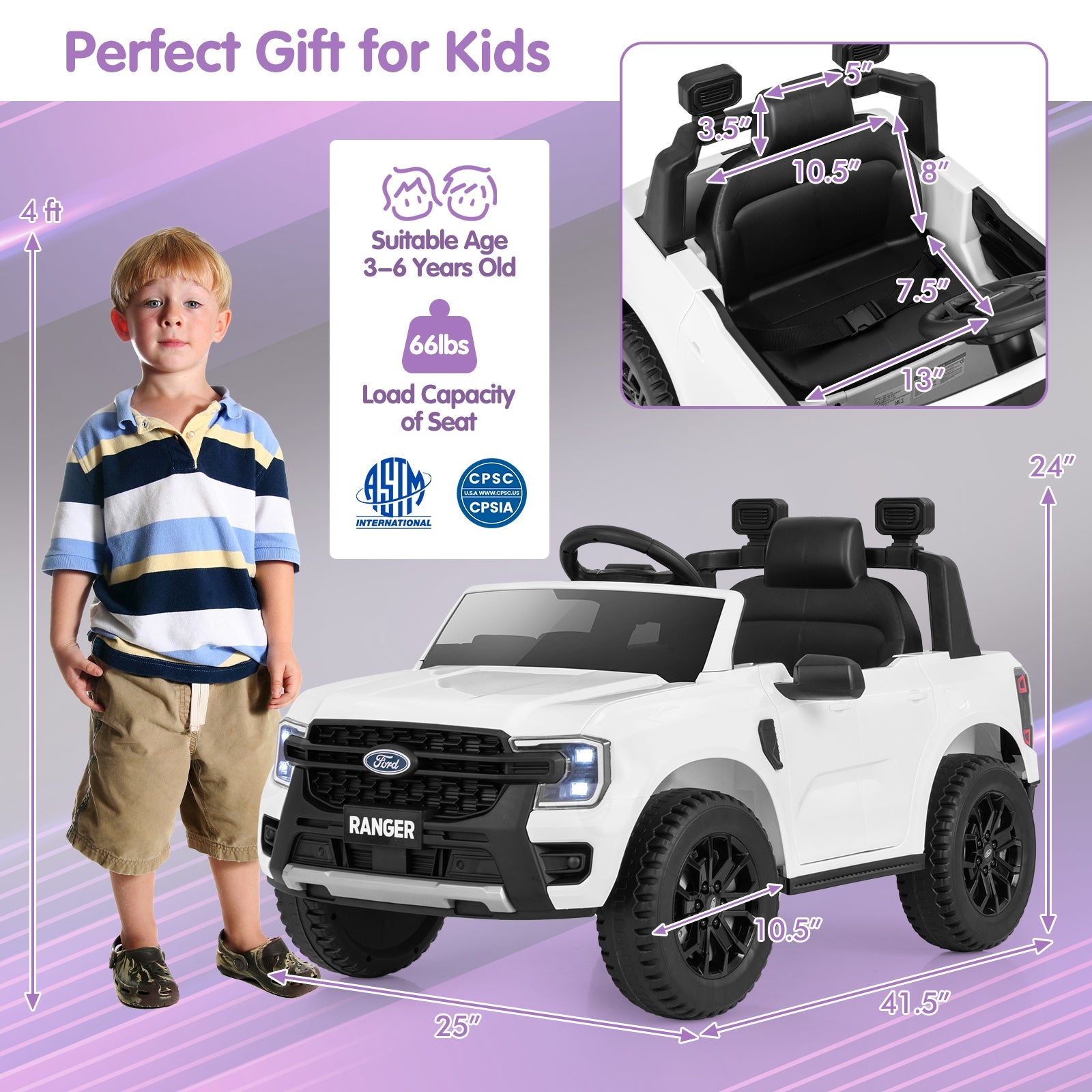 12V Electric Kids Ride on Car Licensed Ford Ranger with Remote Control and Music, White Powered Ride On Toys   at Gallery Canada