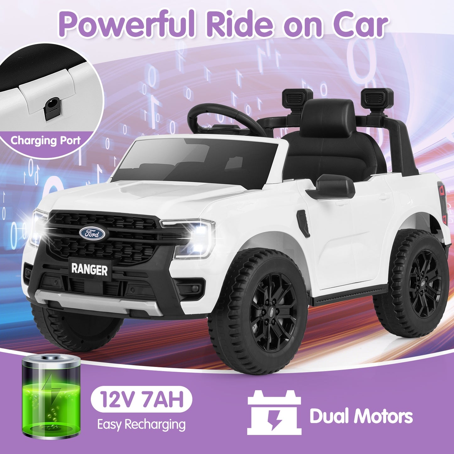 12V Electric Kids Ride on Car Licensed Ford Ranger with Remote Control and Music, White Powered Ride On Toys   at Gallery Canada