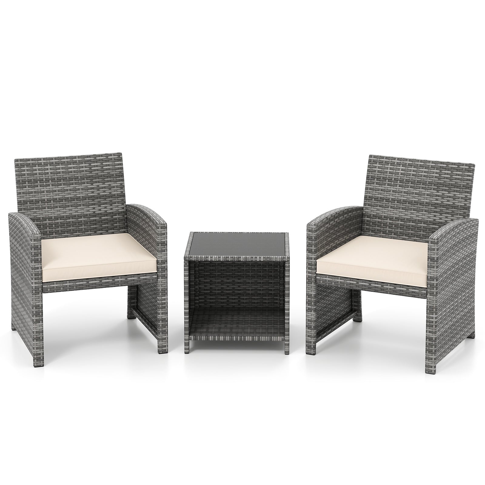 3 Pieces Patio Furniture Set with Tempered Glass Coffee Table and Soft Seat Cushions, White Patio Conversation Sets White at Gallery Canada