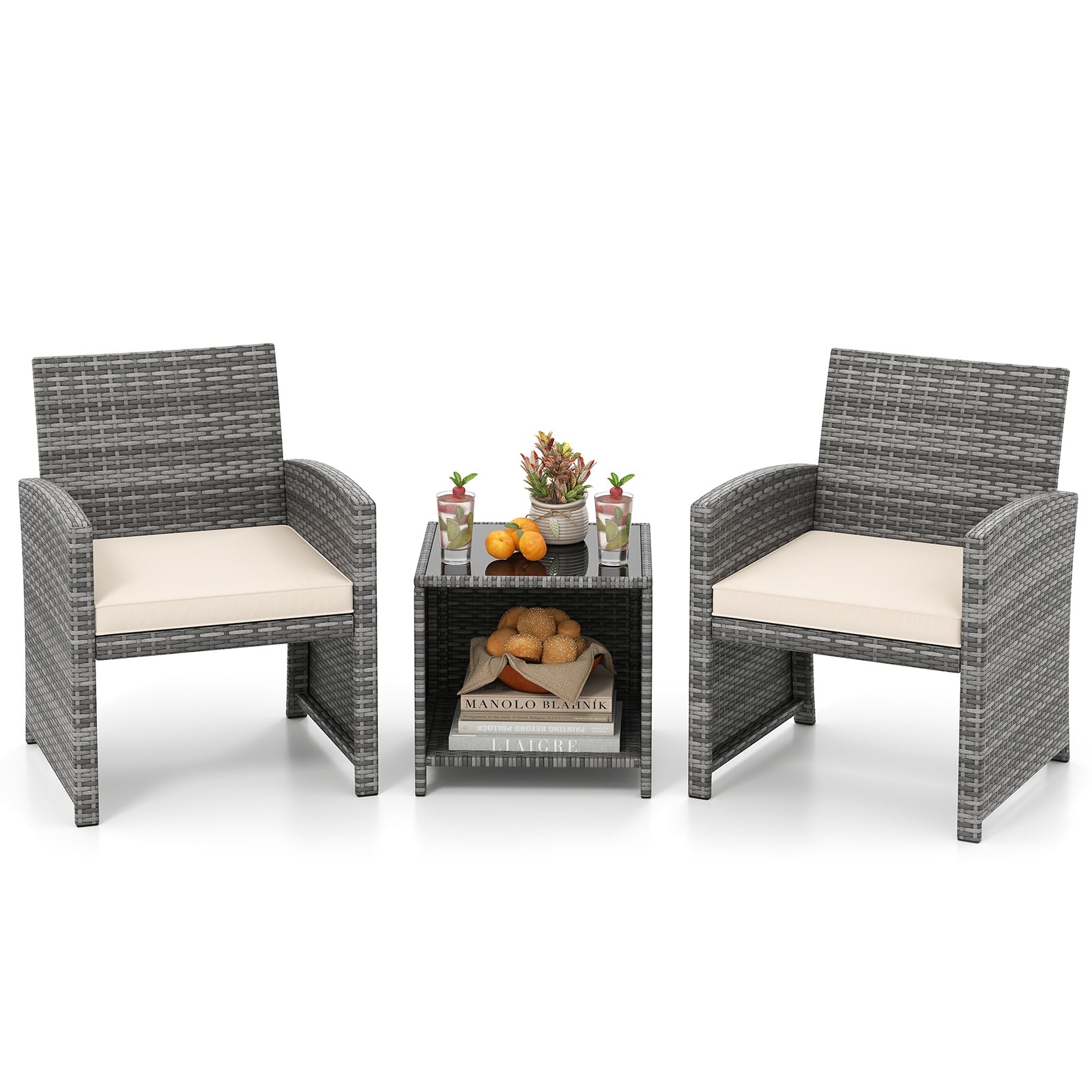 3 Pieces Patio Furniture Set with Tempered Glass Coffee Table and Soft Seat Cushions, White Patio Conversation Sets at Gallery Canada