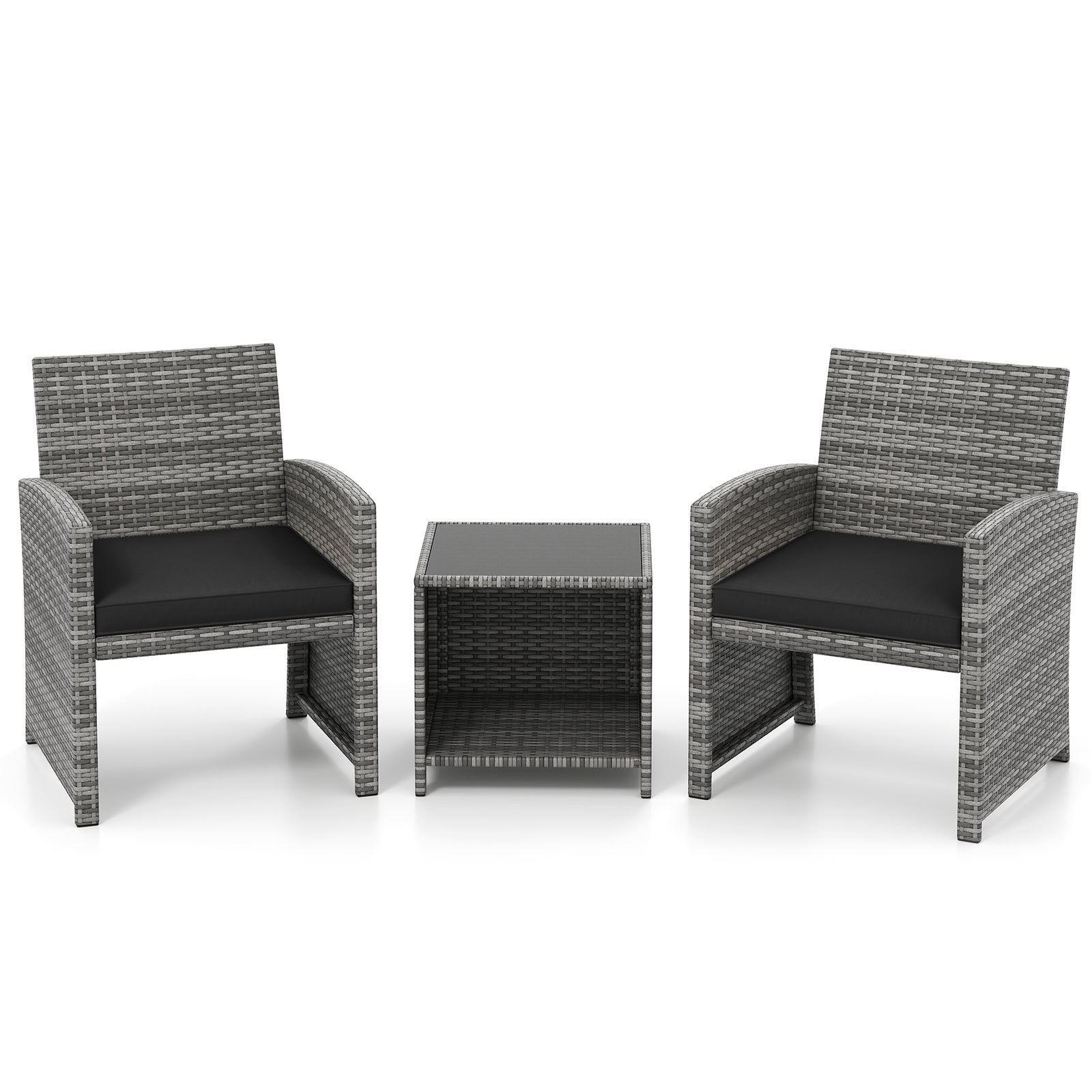 3 Pieces Patio Furniture Set with Tempered Glass Coffee Table and Soft Seat Cushions, Black Patio Conversation Sets Black at Gallery Canada