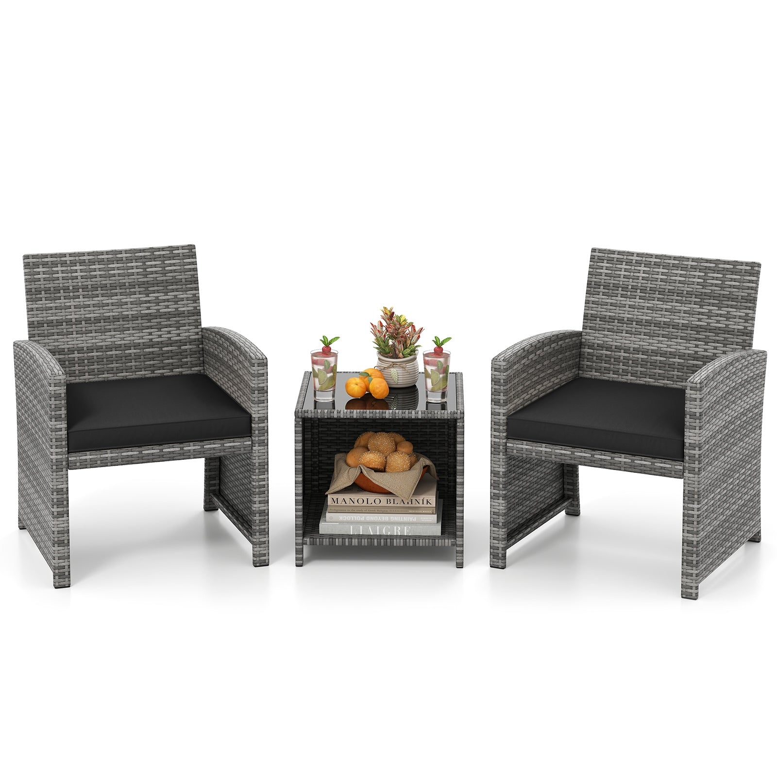 3 Pieces Patio Furniture Set with Tempered Glass Coffee Table and Soft Seat Cushions, Black Patio Conversation Sets at Gallery Canada