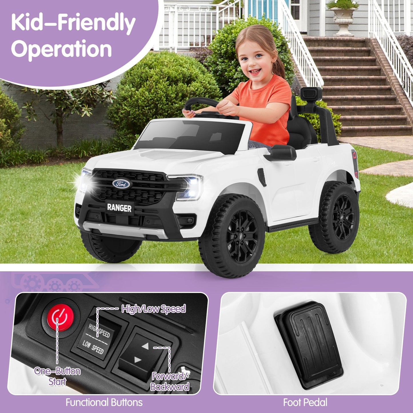 12V Electric Kids Ride on Car Licensed Ford Ranger with Remote Control and Music, White Powered Ride On Toys   at Gallery Canada