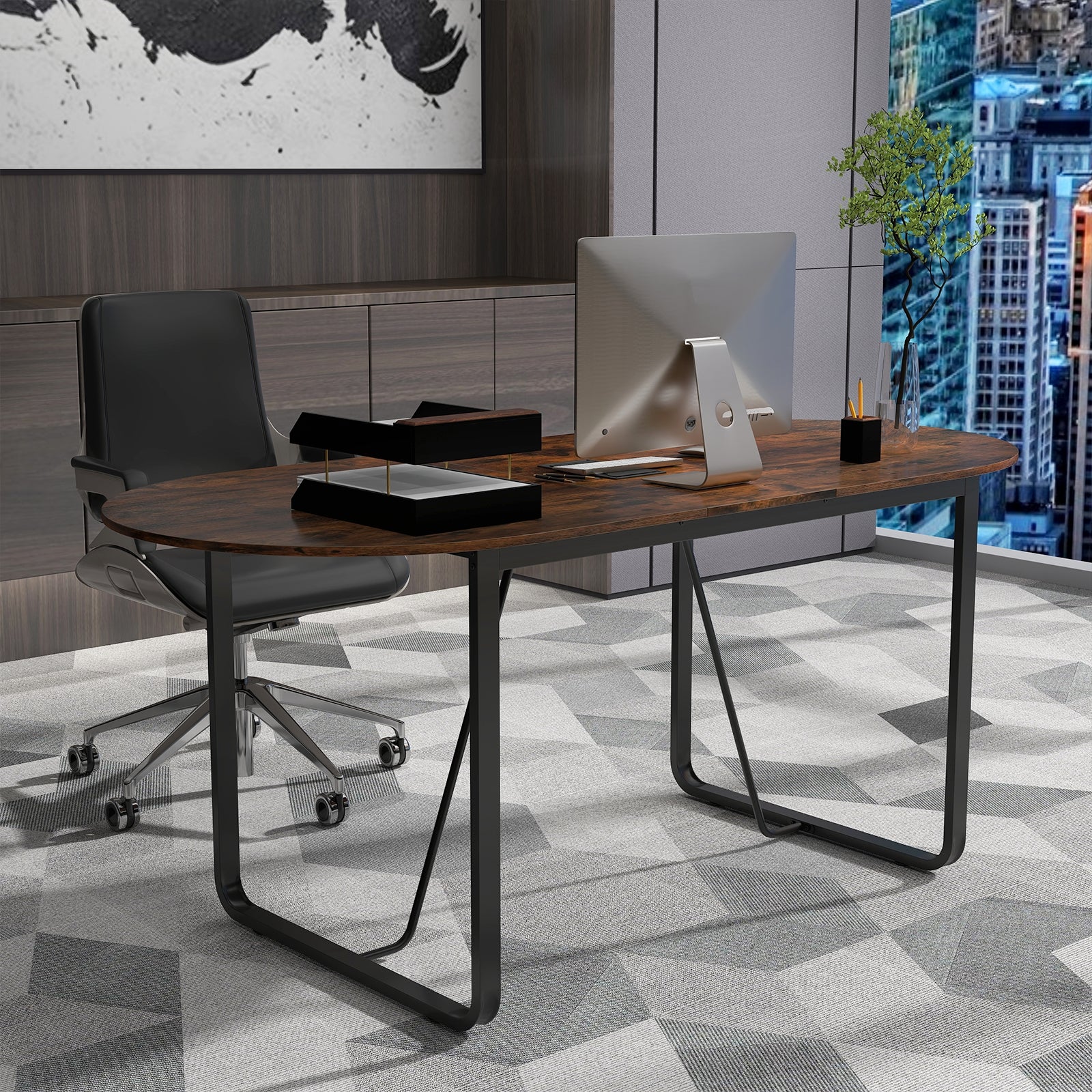 71 Inches Executive Table Oval Home Office Table with Cable Management Hole, Rustic Brown Standing Desks at Gallery Canada