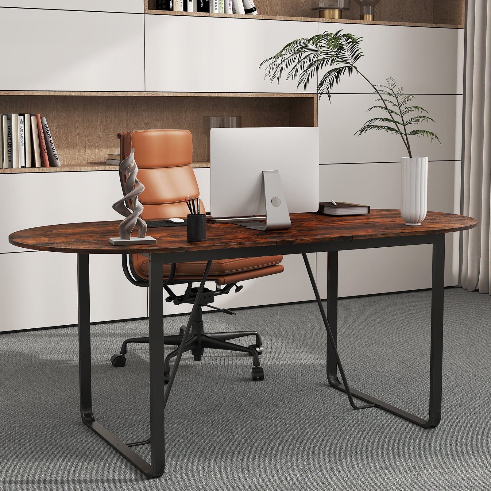 71 Inches Executive Table Oval Home Office Table with Cable Management Hole, Rustic Brown Standing Desks at Gallery Canada