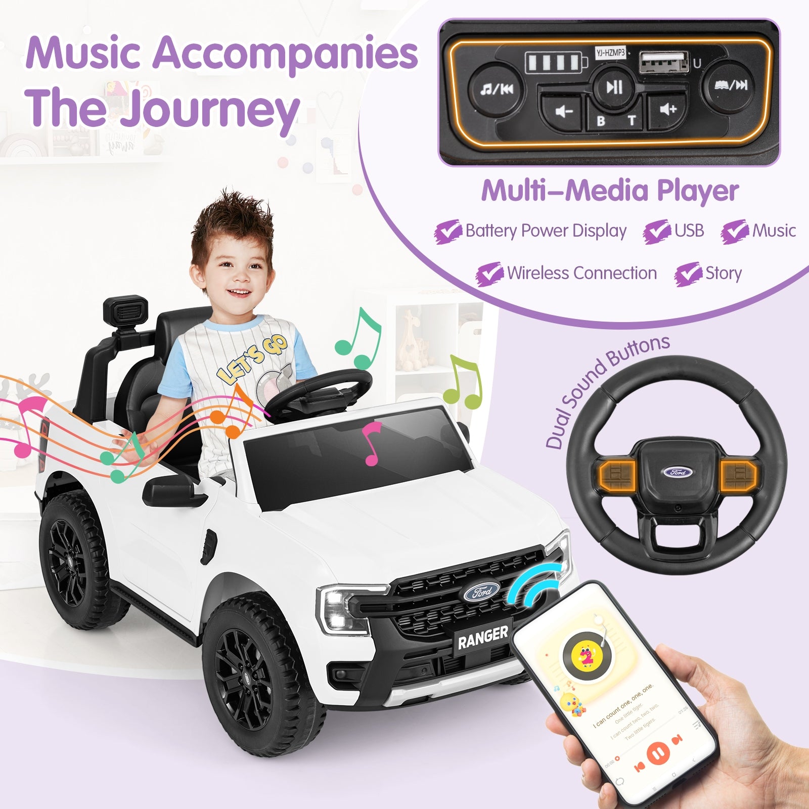 12V Electric Kids Ride on Car Licensed Ford Ranger with Remote Control and Music, White Powered Ride On Toys   at Gallery Canada