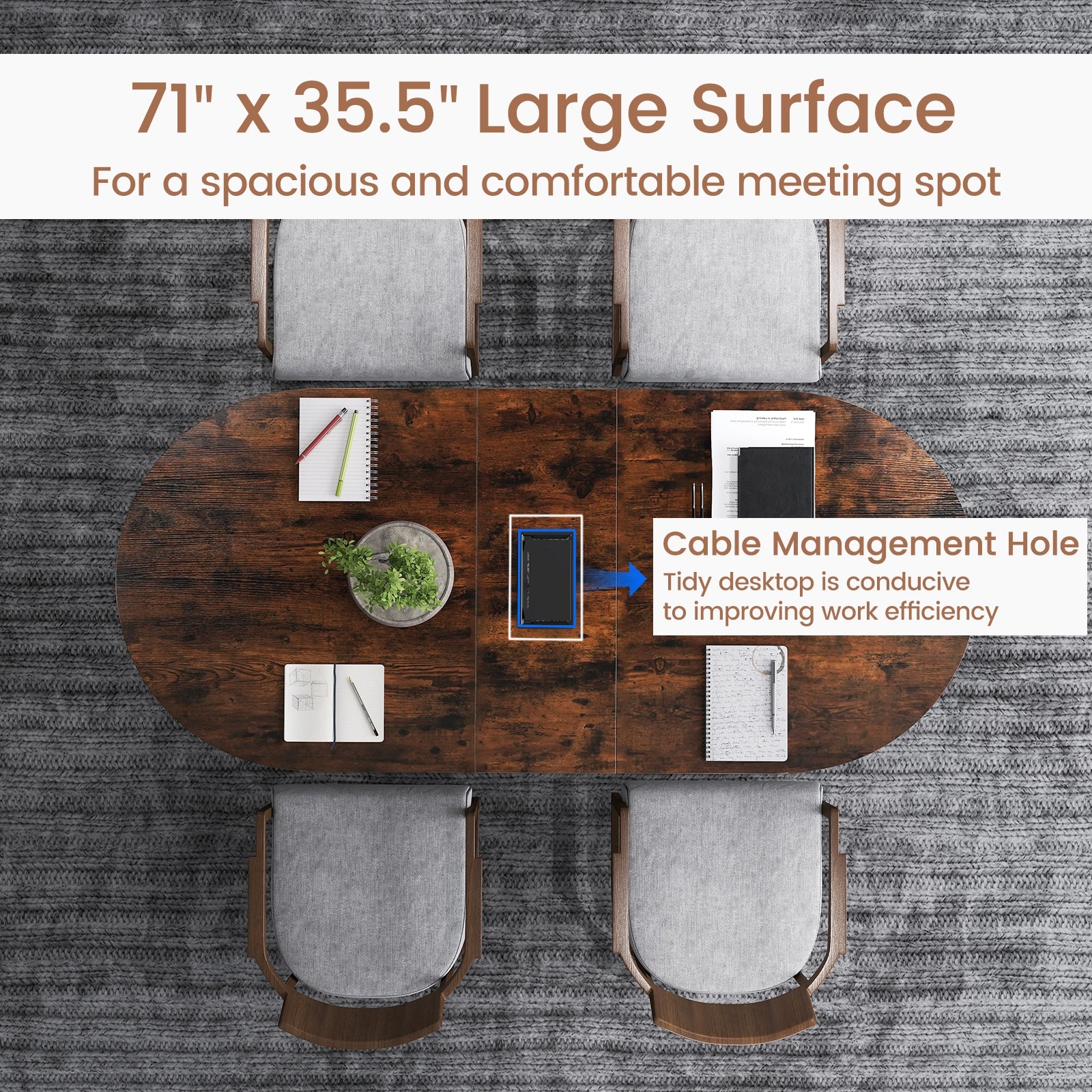 71 Inches Executive Table Oval Home Office Table with Cable Management Hole, Rustic Brown Standing Desks at Gallery Canada