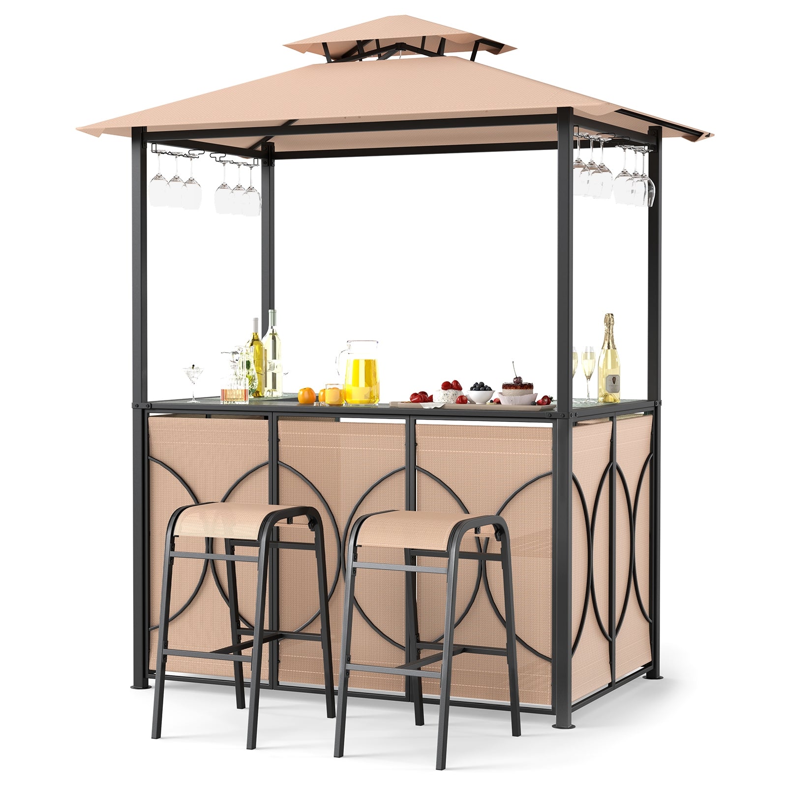 6.5 x 4 x 8 FT Grill Gazebo Set with 2 Bar Stools and Bar Table, Brown Patio Bar Furniture Brown at Gallery Canada