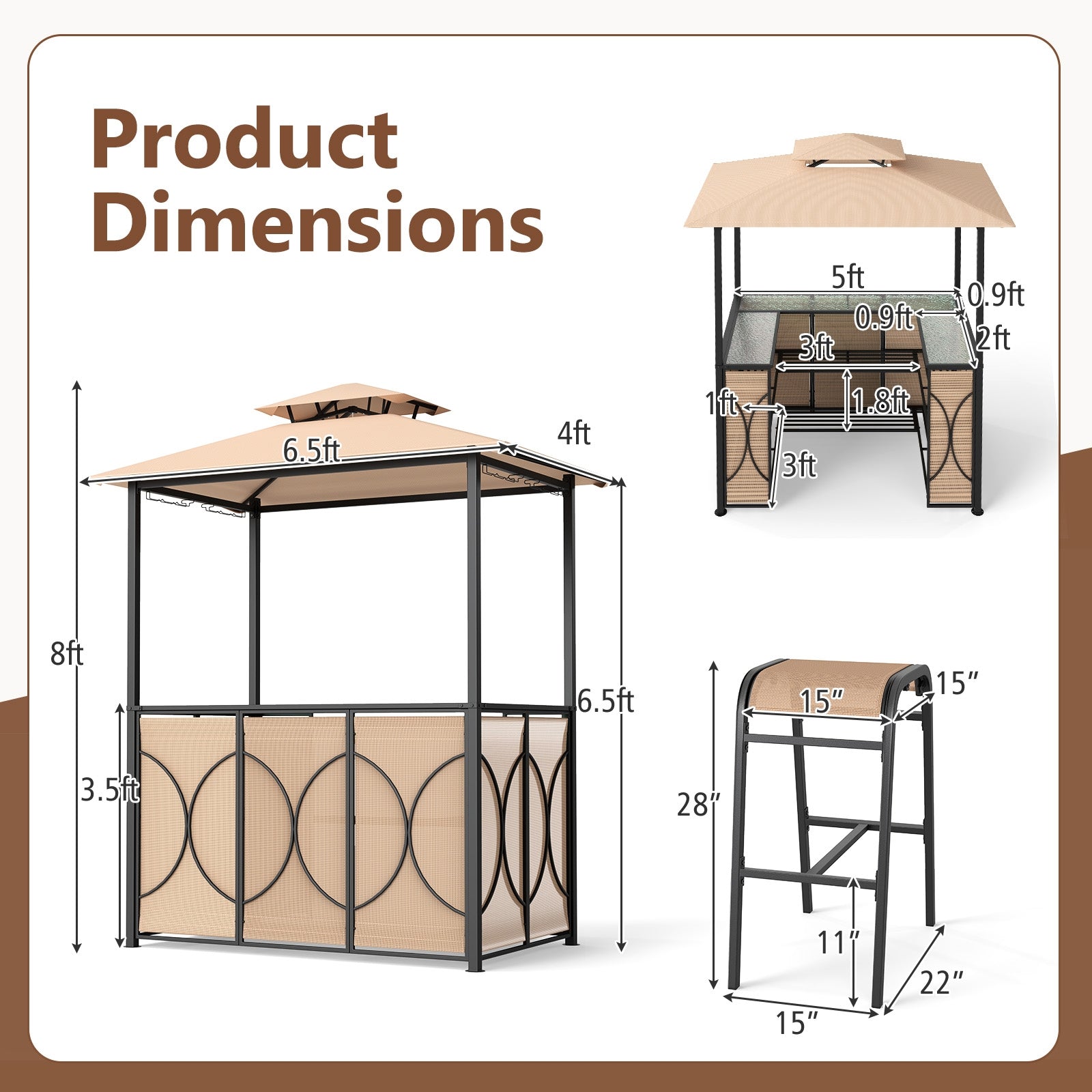 6.5 x 4 x 8 FT Grill Gazebo Set with 2 Bar Stools and Bar Table, Brown Patio Bar Furniture at Gallery Canada