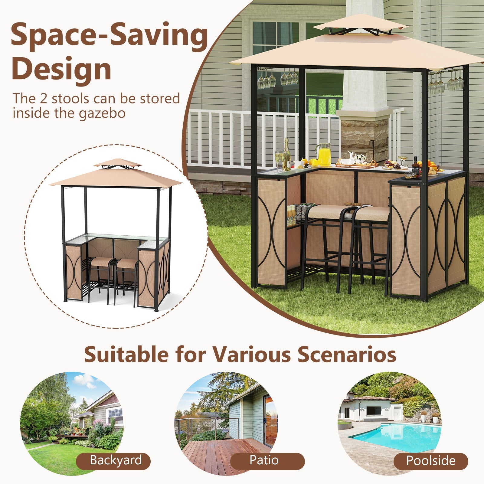 6.5 x 4 x 8 FT Grill Gazebo Set with 2 Bar Stools and Bar Table, Brown Patio Bar Furniture at Gallery Canada