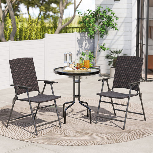 Patio PE Wicker Dining Chairs with Armrests and Metal Frame-Set of 2