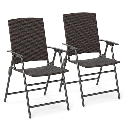 Patio PE Wicker Dining Chairs with Armrests and Metal Frame-Set of 2
