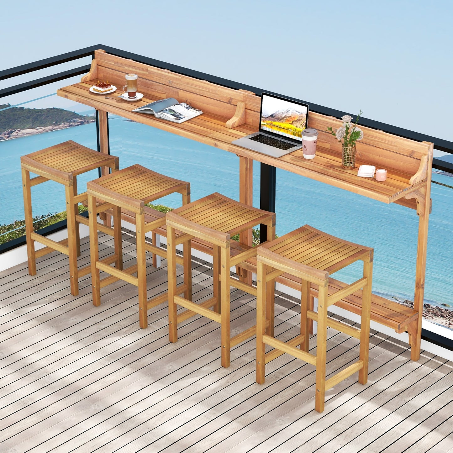 3 Pieces Patio Acacia Wood Bar Table Set with Footrest Curved Wood Seat, Natural Patio Bar Furniture   at Gallery Canada