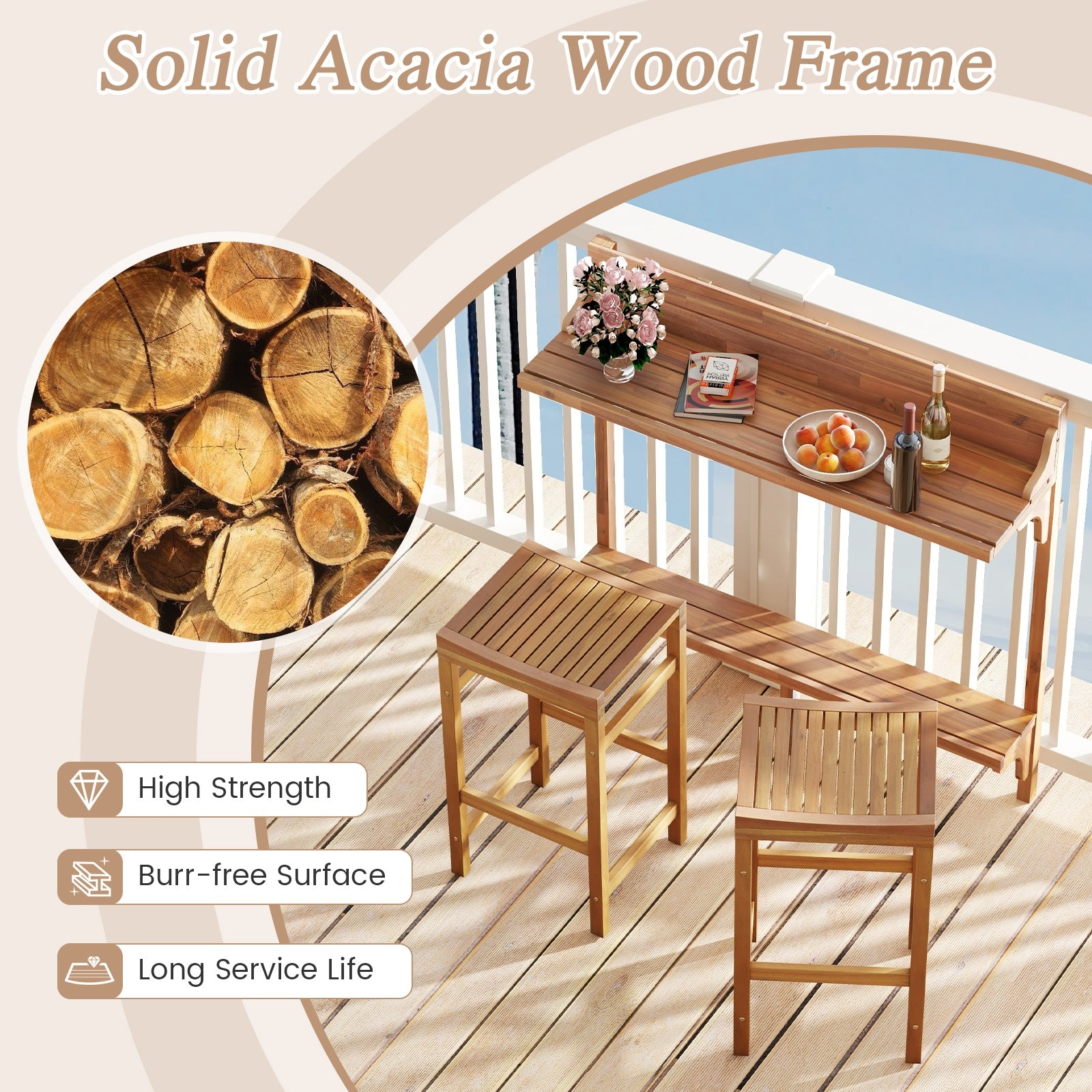 3 Pieces Patio Acacia Wood Bar Table Set with Footrest Curved Wood Seat, Natural Patio Bar Furniture   at Gallery Canada