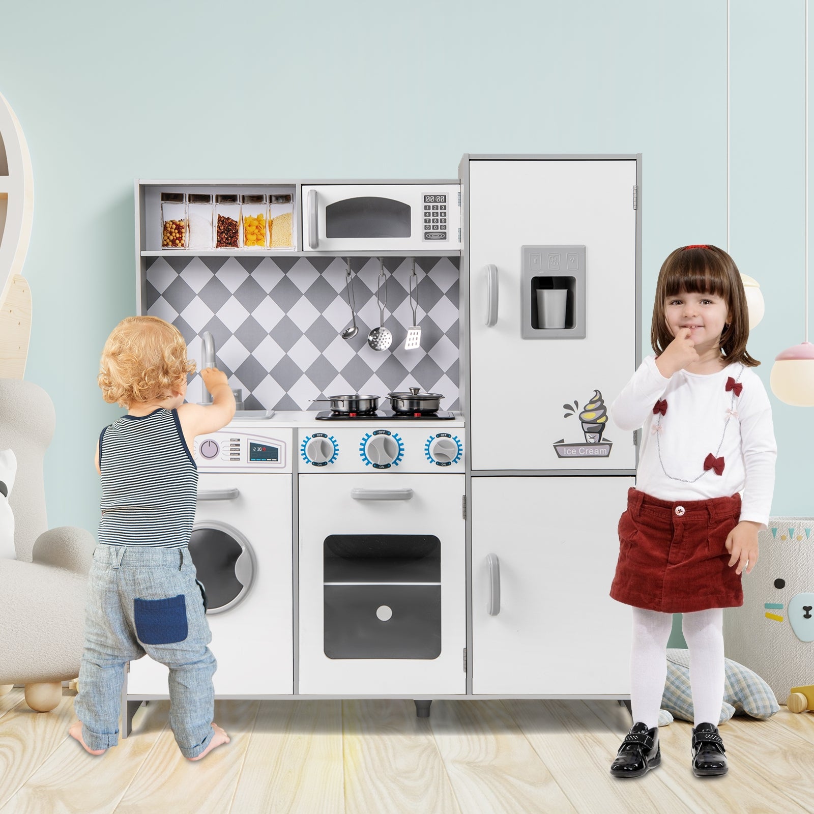 Pretend Play Kitchen for Kids Aged 3+ with Real Sounds and Lights, White Play Kitchen Sets   at Gallery Canada