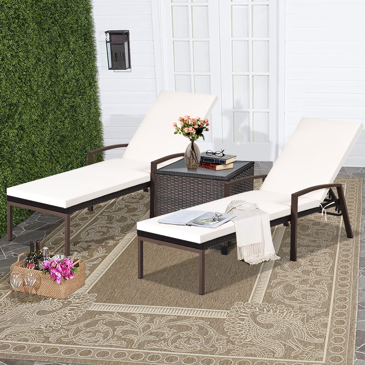 2 Pieces Patio Rattan Reclining Chaise Lounge Chair with Cushion and Armrest-Turquoise and White, Beige & Turquoise Outdoor Chaise Lounges at Gallery Canada