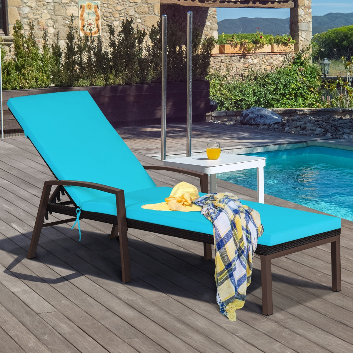 2 Pieces Patio Rattan Reclining Chaise Lounge Chair with Cushion and Armrest-Turquoise and White, Beige & Turquoise Outdoor Chaise Lounges at Gallery Canada
