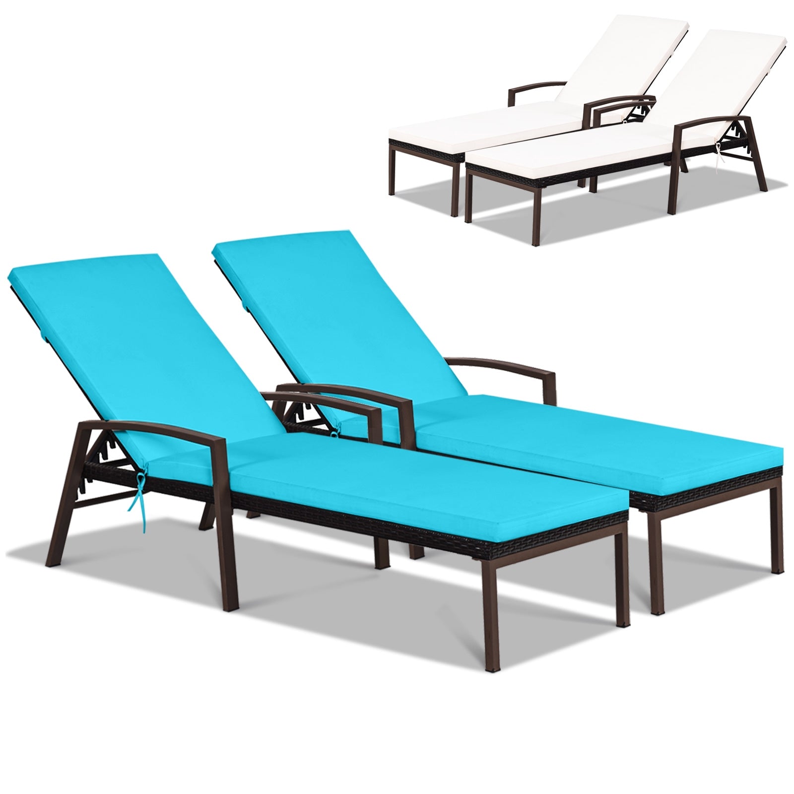 2 Pieces Patio Rattan Reclining Chaise Lounge Chair with Cushion and Armrest-Turquoise and White, Beige & Turquoise Outdoor Chaise Lounges Beige & Turquoise at Gallery Canada